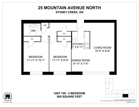 A floor plan for a 2 bedroom apartment at 25 Mountain Avenue North, Stoney Creek, ON.